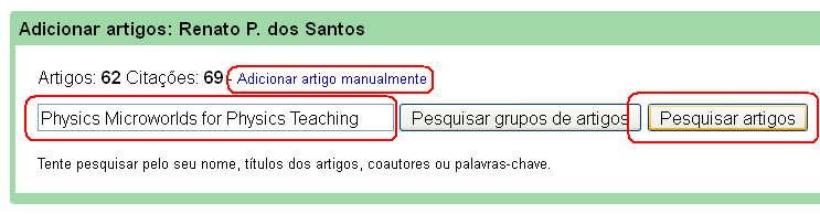 Google Citações - Adicionar - Pesquisar