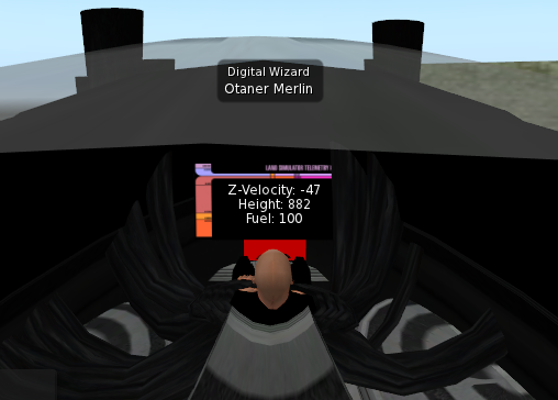Painel do simulador exibindo a altura e a velocidade de queda da nave, bem como a quantidade restante de combustível